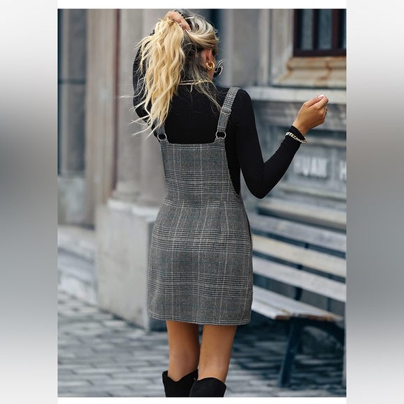 Overall grey gray plaid dress button down with pockets - Picture 8 of 11